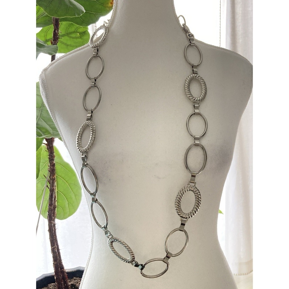 Long Silver Tone Oval Link Necklace Textured Open Circle Station Modern
